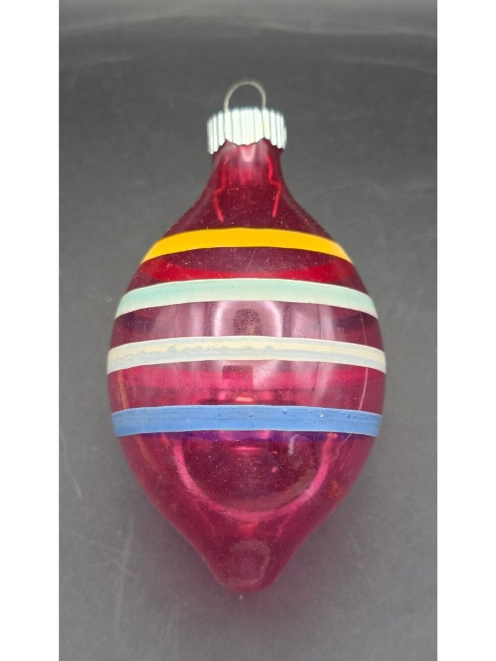 Rare Shiny Brite Unsilvered Pink Striped WWII Era Teardrop Christmas Ornament
